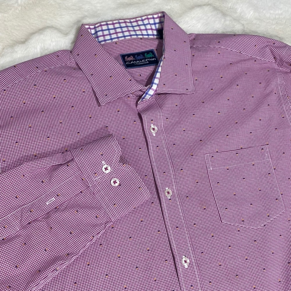 Charleston Threads Mens XL Pink Gingham Dot‎ Long Sleeve Button Down Shirt